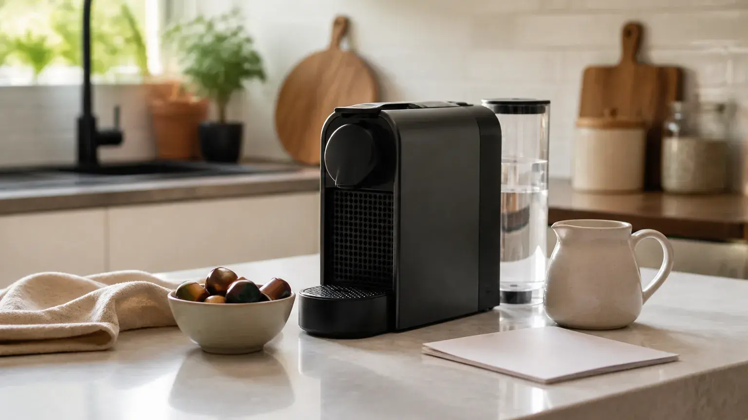 Máquina de café compacta, depósito de água e produto de manutenção.
