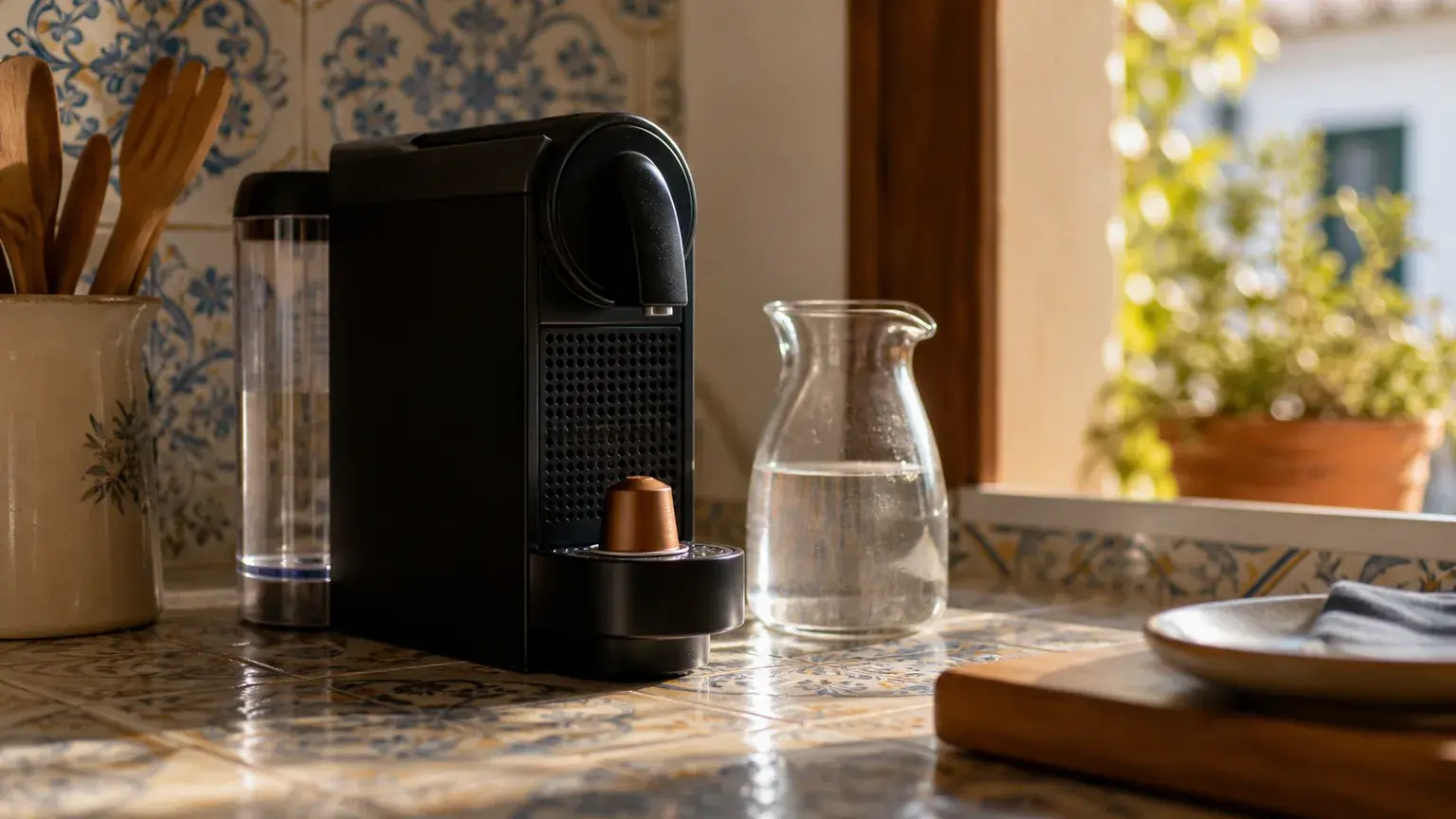 Máquina de cápsulas, cápsulas e produto de manutenção em bancada clara.