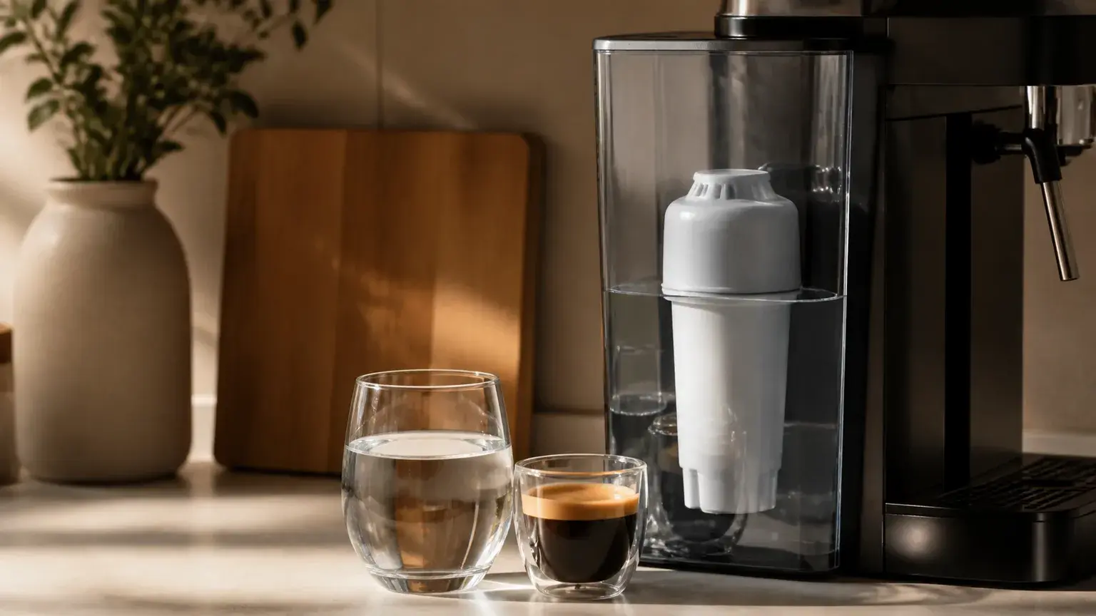 Filtro de água junto a depósito de máquina de café, copo de água e chávena.